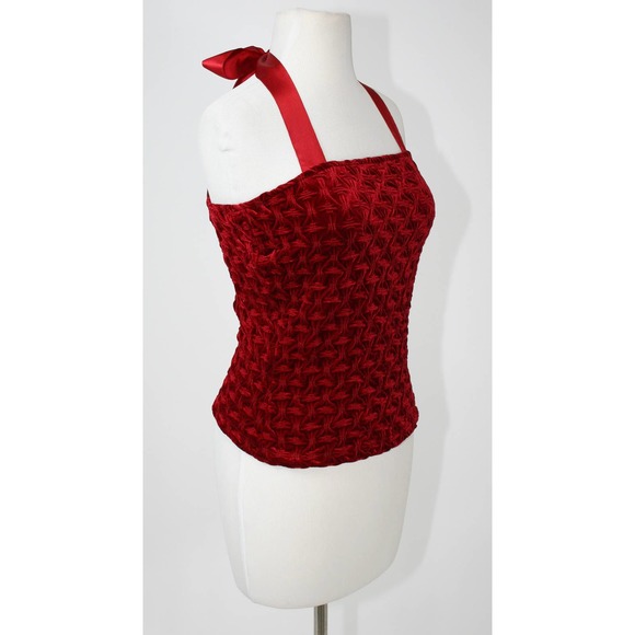 Y2k Wine Velvet Strapless Halter Top Bandeau Smocked Shirred Christmas Winter - Picture 3 of 8